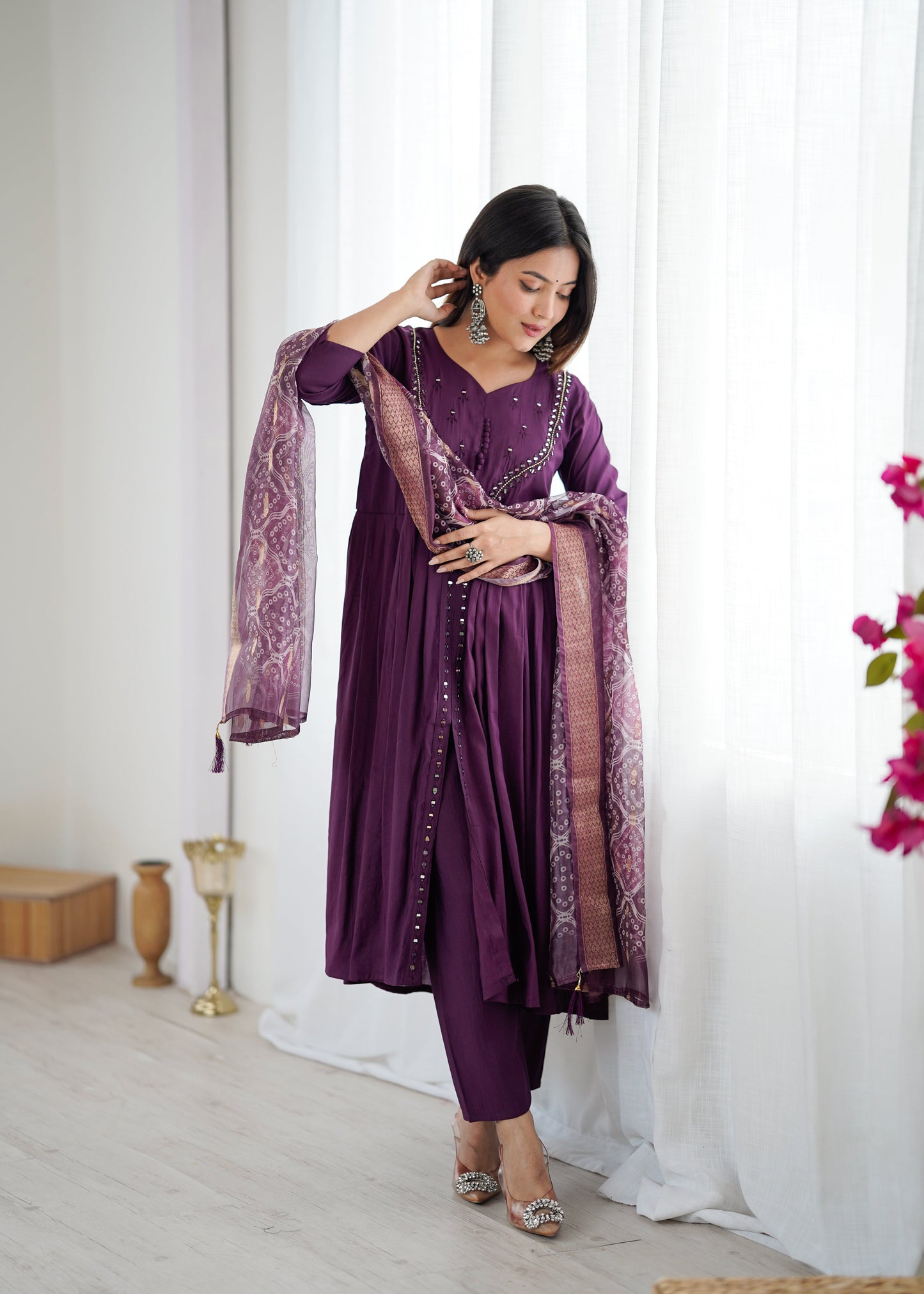 Elegant Wine Kurta Set with Dupatta and Pants