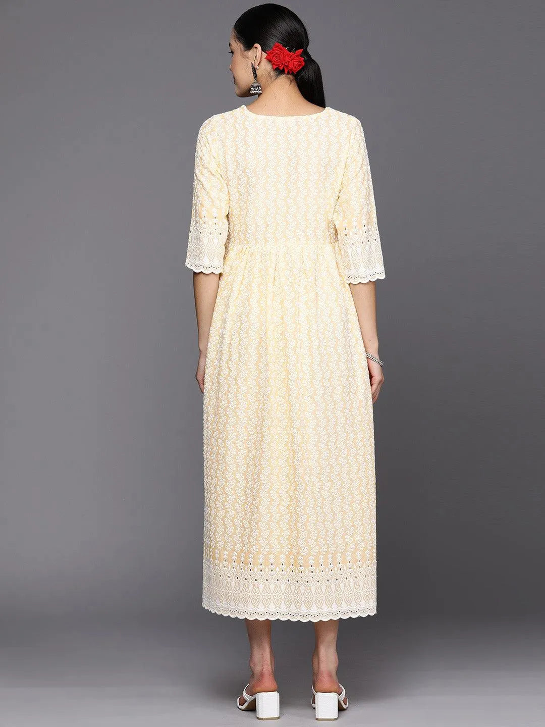 Yellow Embroidered Cotton Fit and Flare Dress