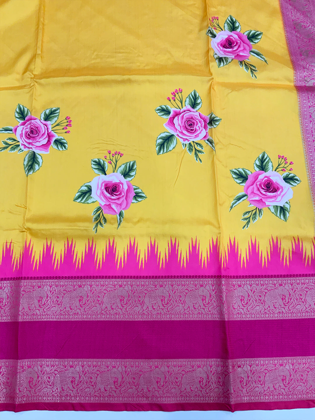 Yellow Floral Gold Zari Weaving Check Saree