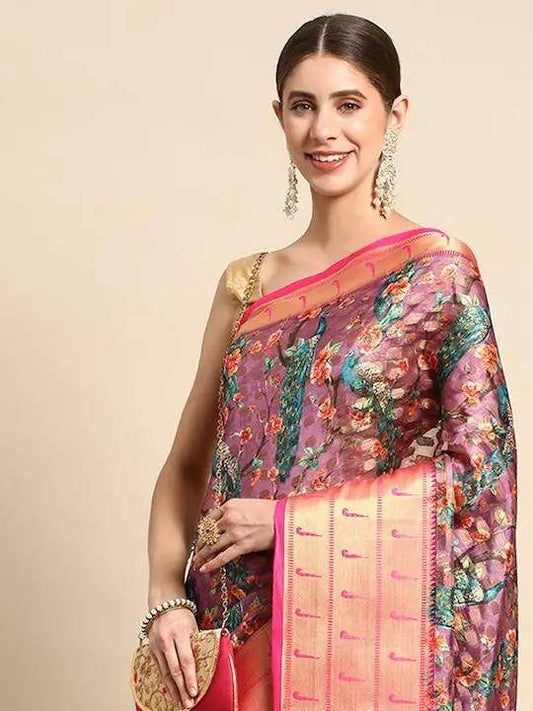 Fine Kora Silk Peacock Print Saree by My Store