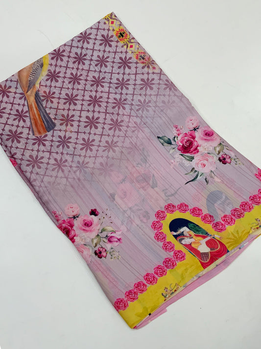 Pink Chinnon Trendy Digital Print Saree by My Store