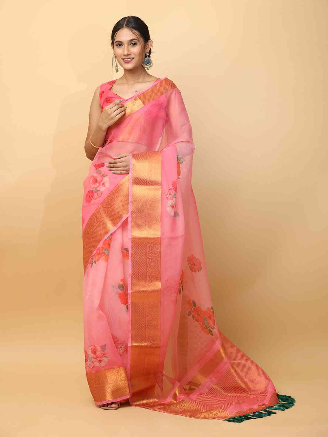Organza With Gold Zari Border Exclusive Party Wear Saree by My Store