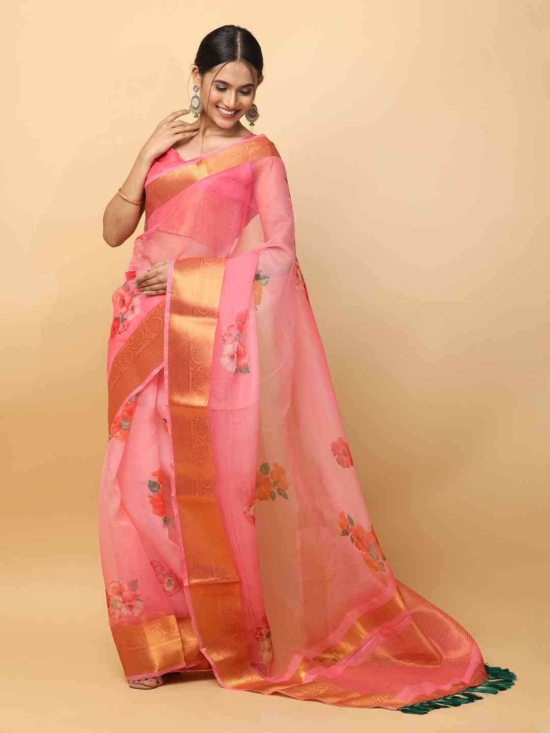 Organza With Gold Zari Border Exclusive Party Wear Saree by My Store