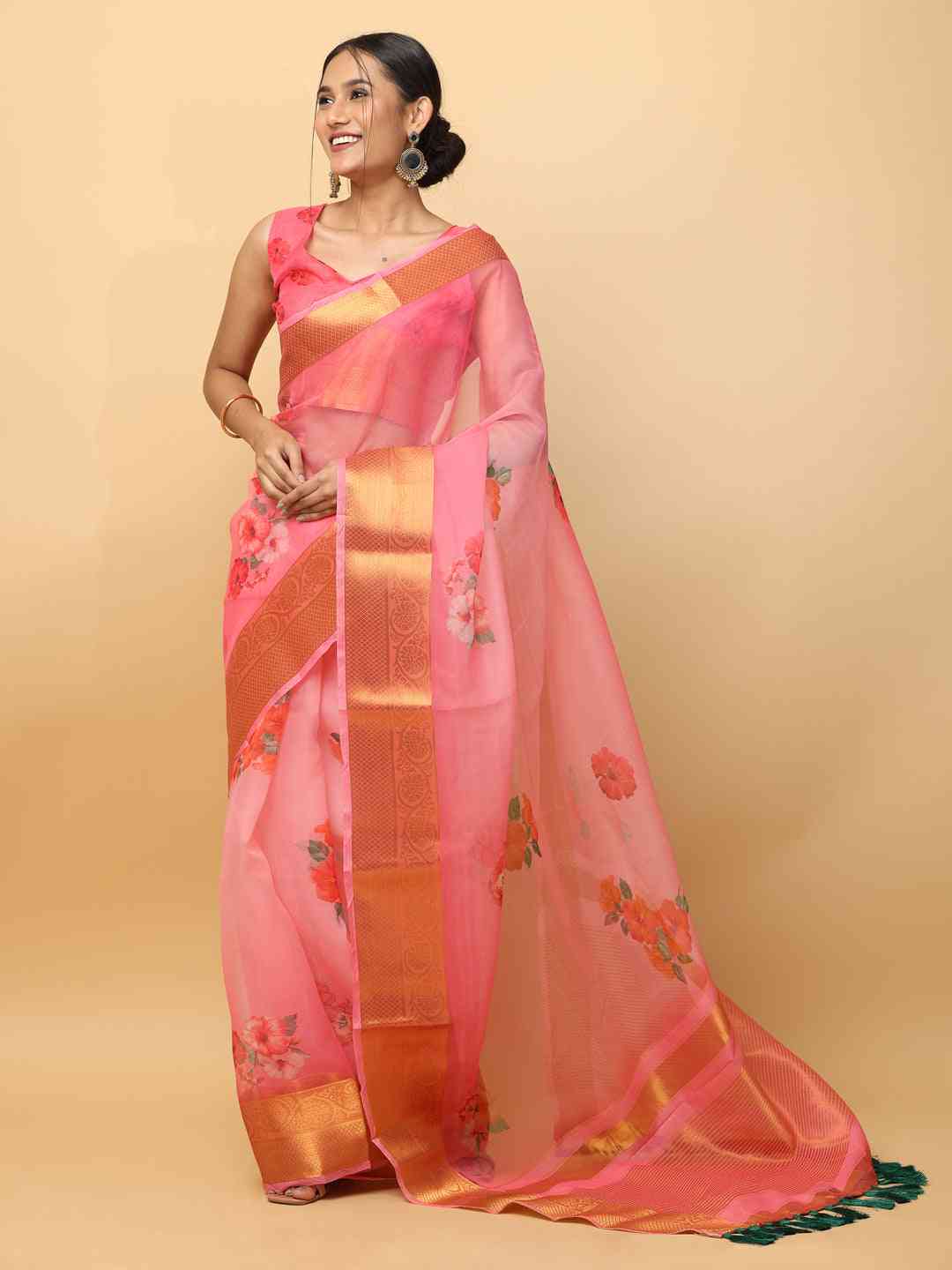 Organza With Gold Zari Border Exclusive Party Wear Saree by My Store