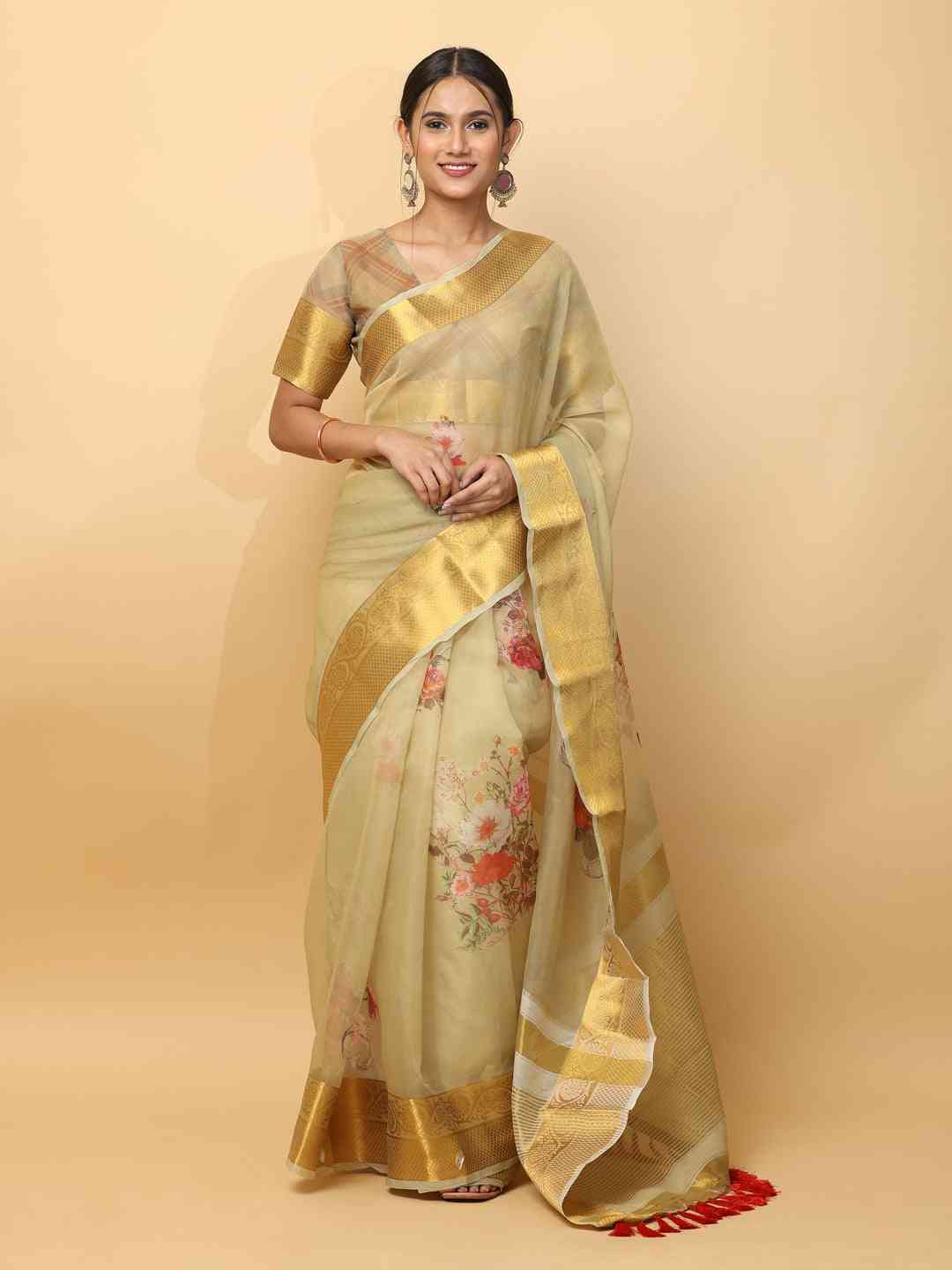 Organza With Gold Zari Border Exclusive Party Wear Saree by My Store