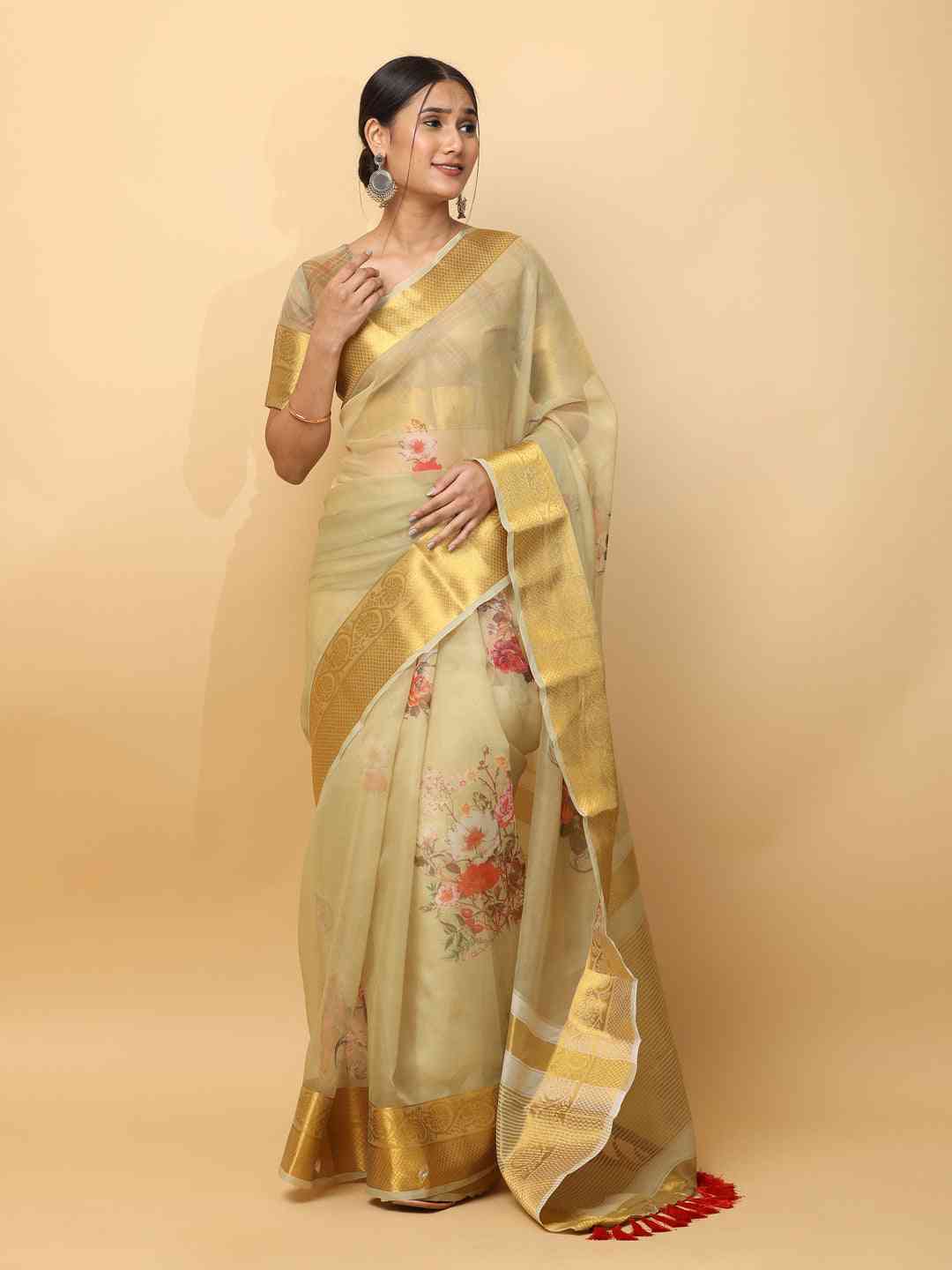 Organza With Gold Zari Border Exclusive Party Wear Saree by My Store