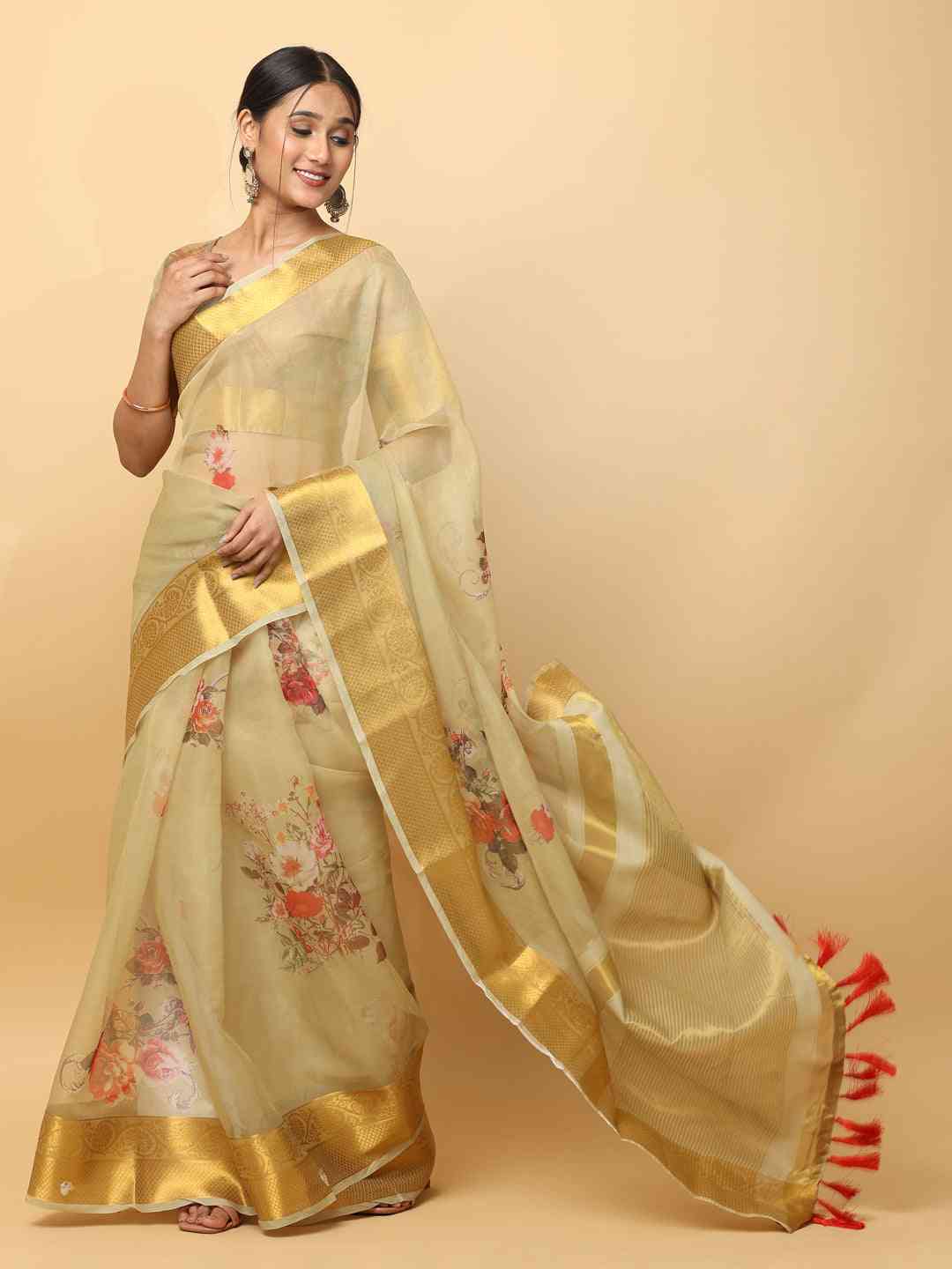 Organza With Gold Zari Border Exclusive Party Wear Saree by My Store