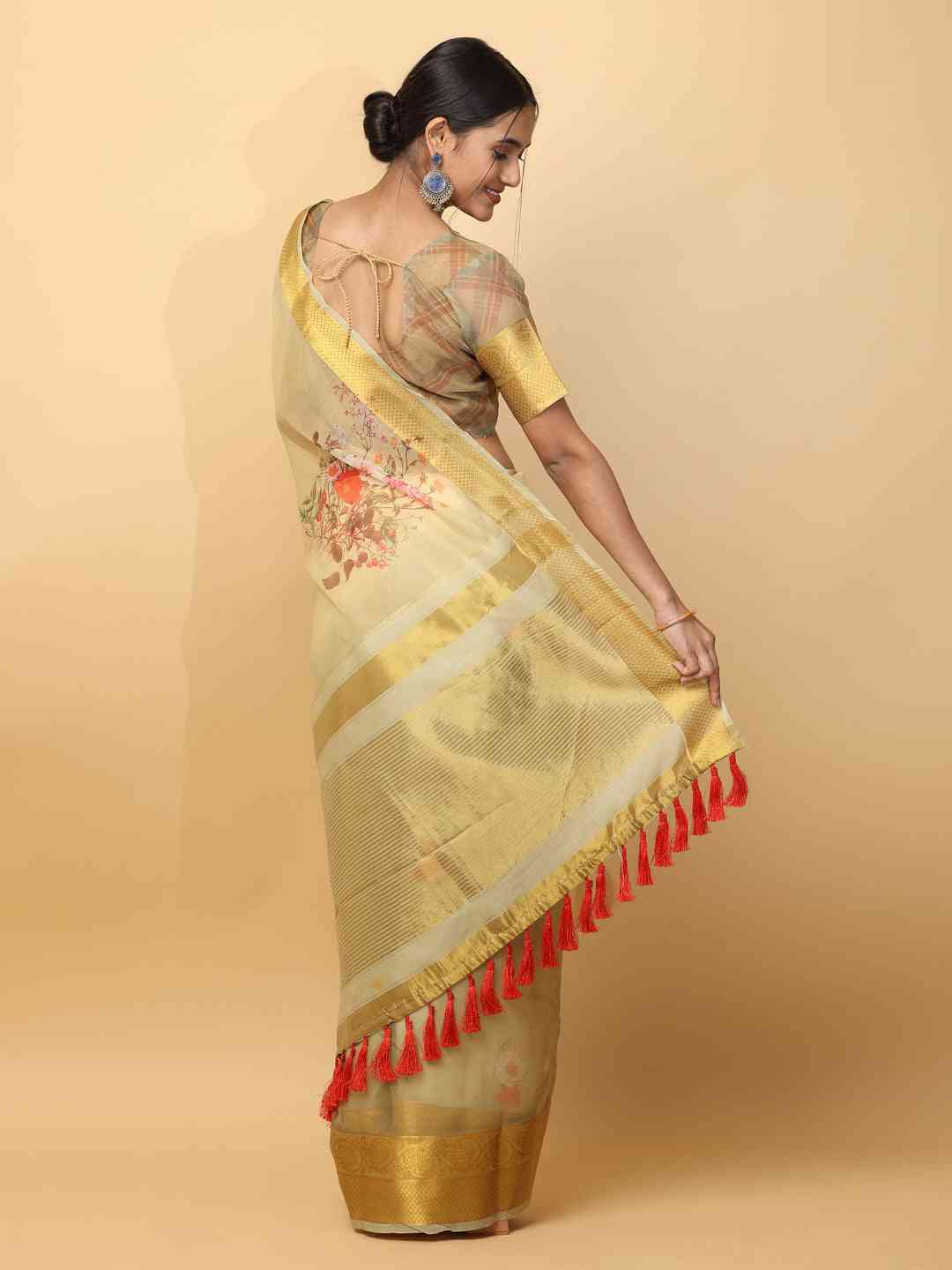 Organza With Gold Zari Border Exclusive Party Wear Saree by My Store