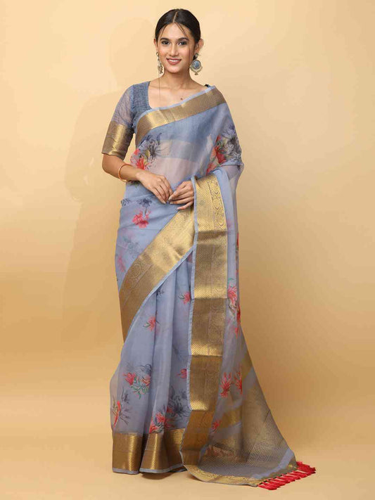 Grey Colour Organza With Gold Zari Border Exclusive Saree by My Store