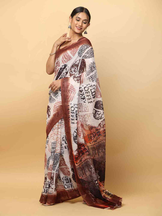News Paper Trendy Print Soft Linen Party Wear Saree by My Store