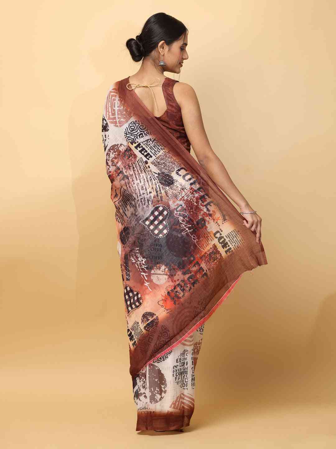 News Paper Trendy Print Soft Linen Party Wear Saree by My Store