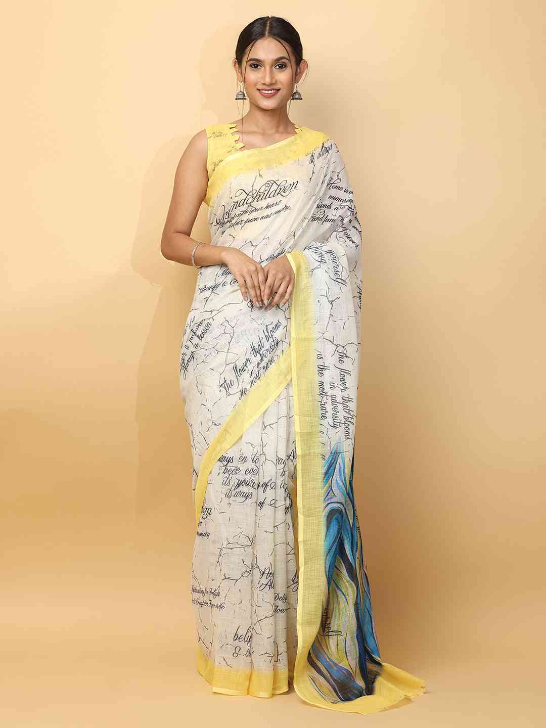 News Paper Trendy Print Soft Linen Party Wear Saree by My Store