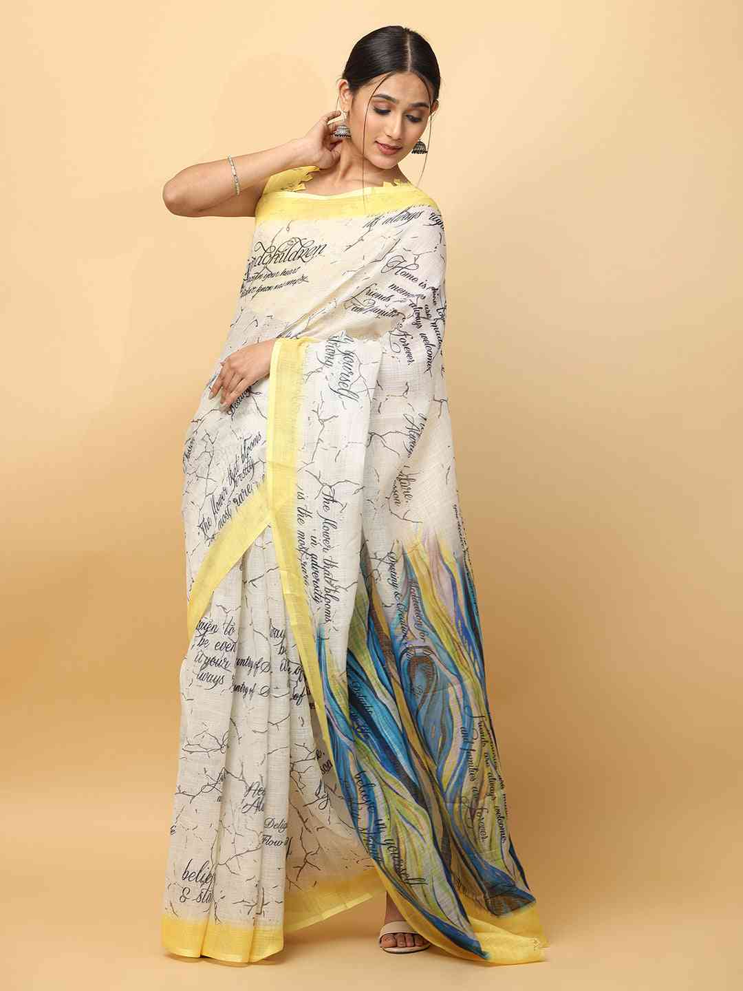 News Paper Trendy Print Soft Linen Party Wear Saree by My Store