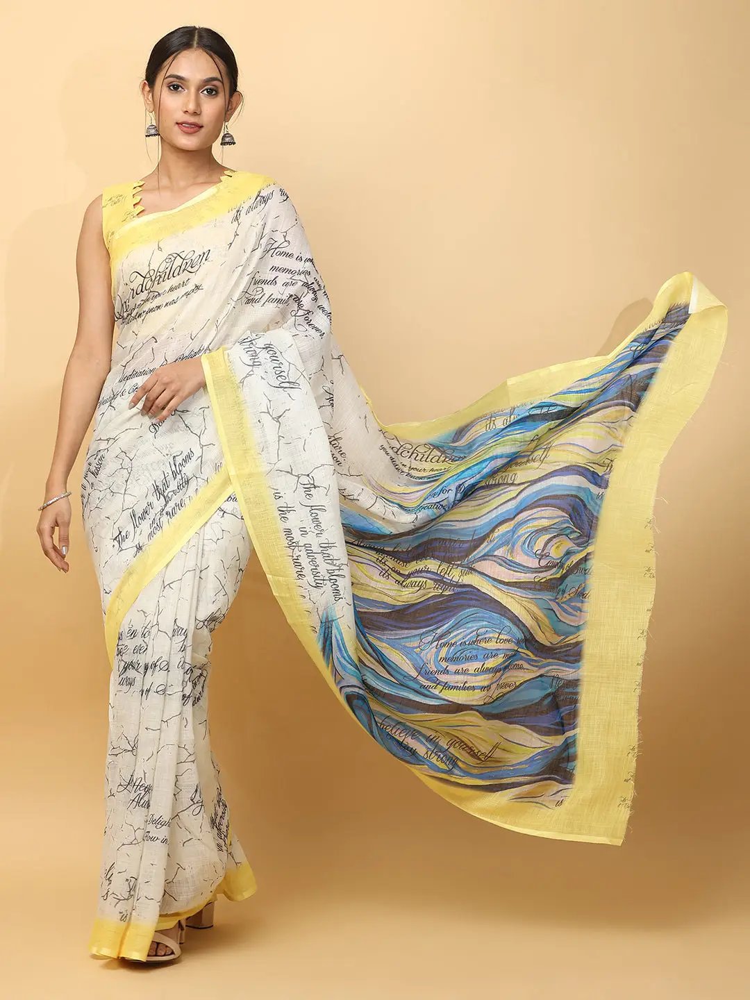 News Paper Trendy Print Soft Linen Party Wear Saree by My Store