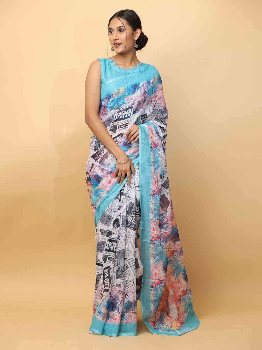 News Paper Trendy Print Soft Linen Party Wear Saree by My Store
