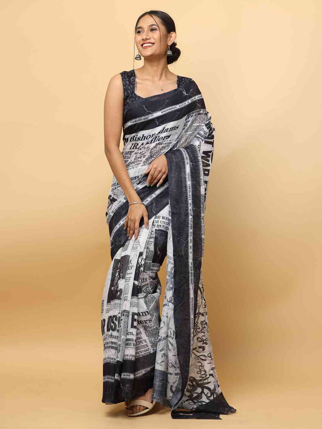 News Paper Trendy Print Soft Linen Party Wear Saree by My Store