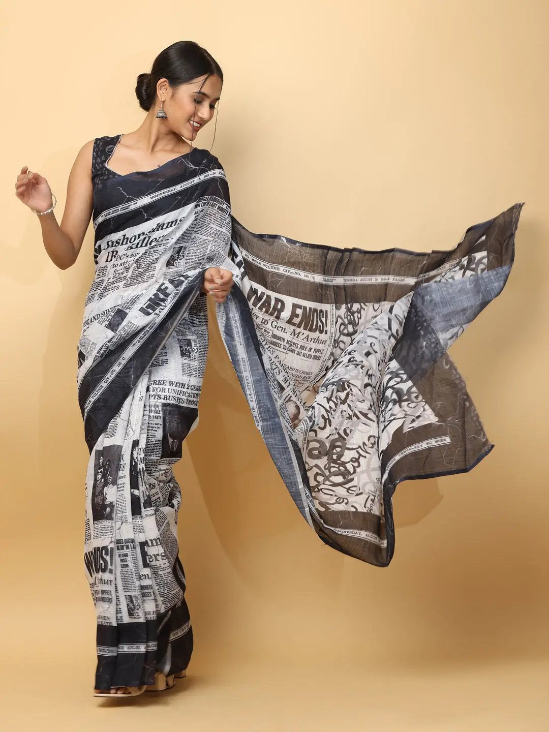 News Paper Trendy Print Soft Linen Party Wear Saree by My Store