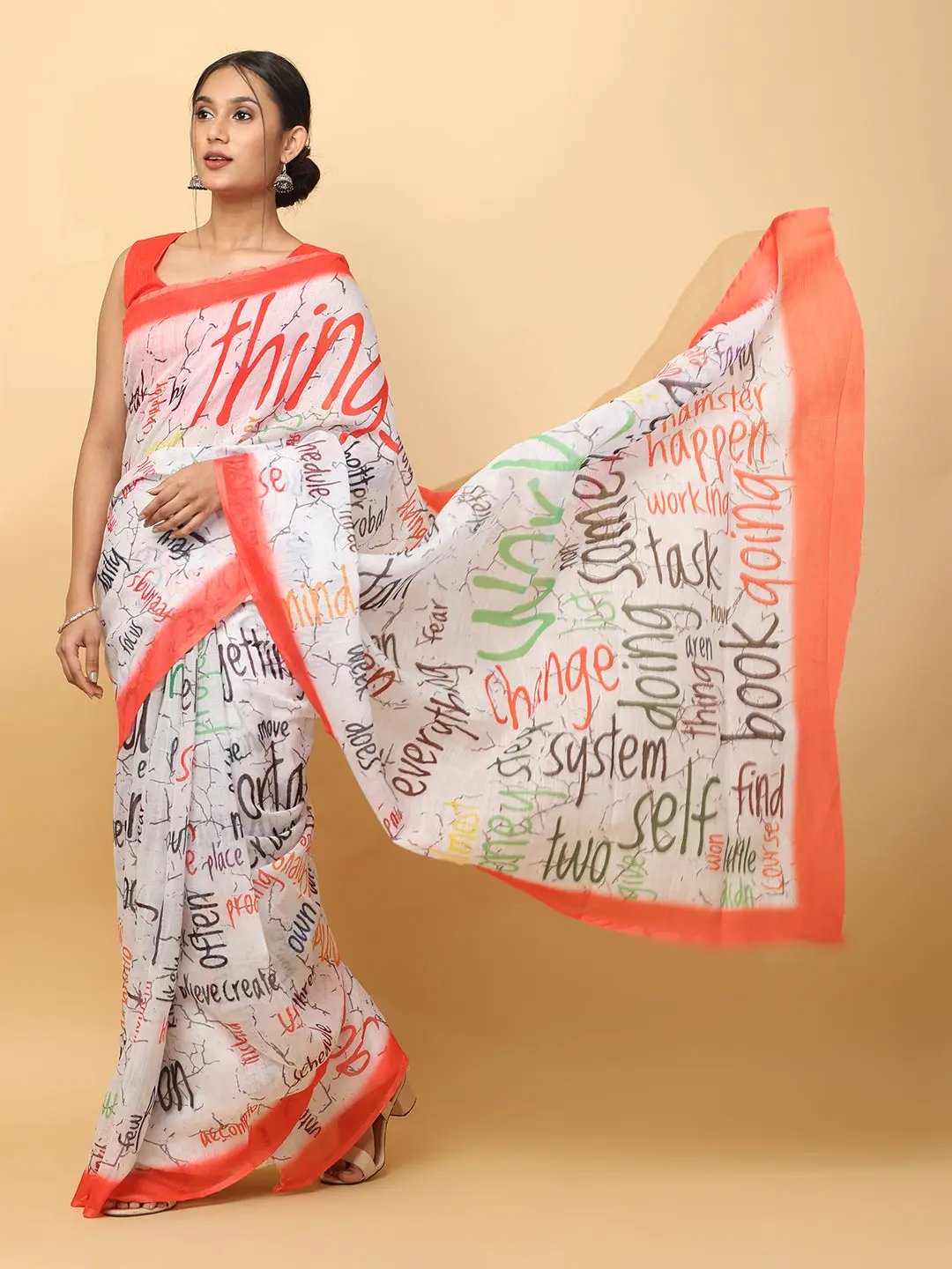 News Paper Trendy Print Soft Linen Party Wear Saree by My Store