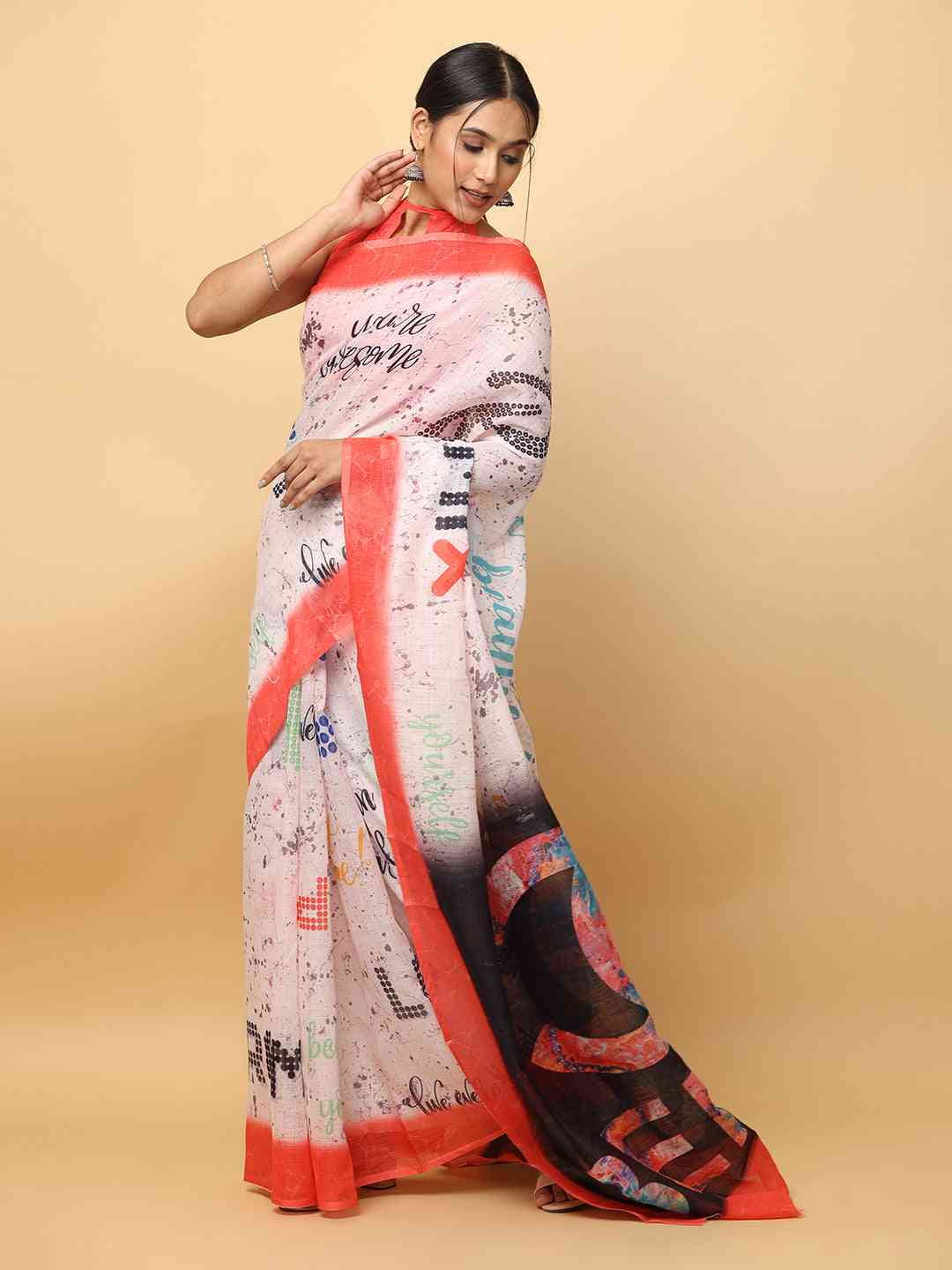 News Paper Trendy Print Soft Linen Party Wear Saree by My Store