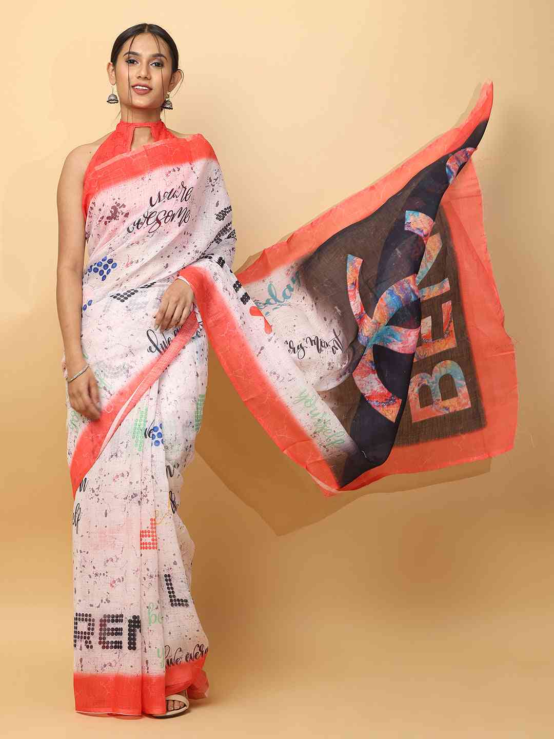 News Paper Trendy Print Soft Linen Party Wear Saree by My Store