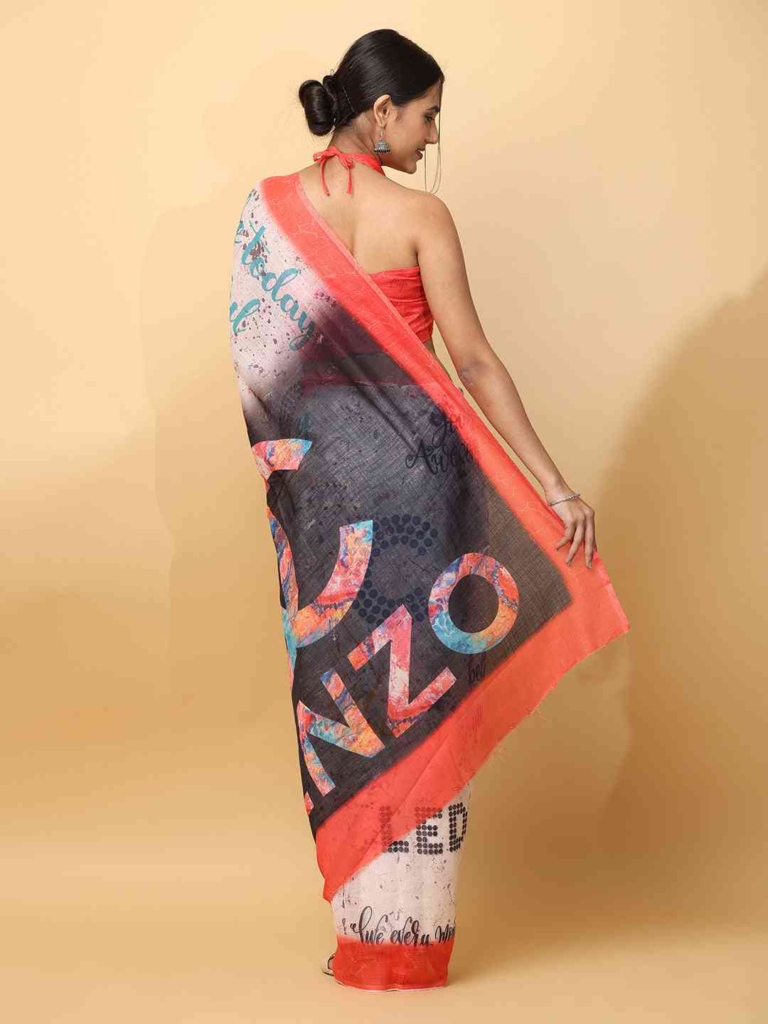 News Paper Trendy Print Soft Linen Party Wear Saree by My Store