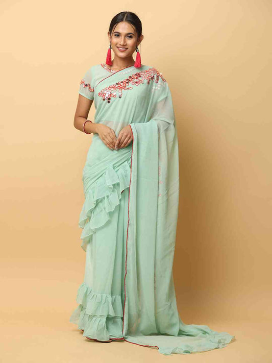 Soft Georgette Se Green Colour Ruffle Party Wear Saree by My Store