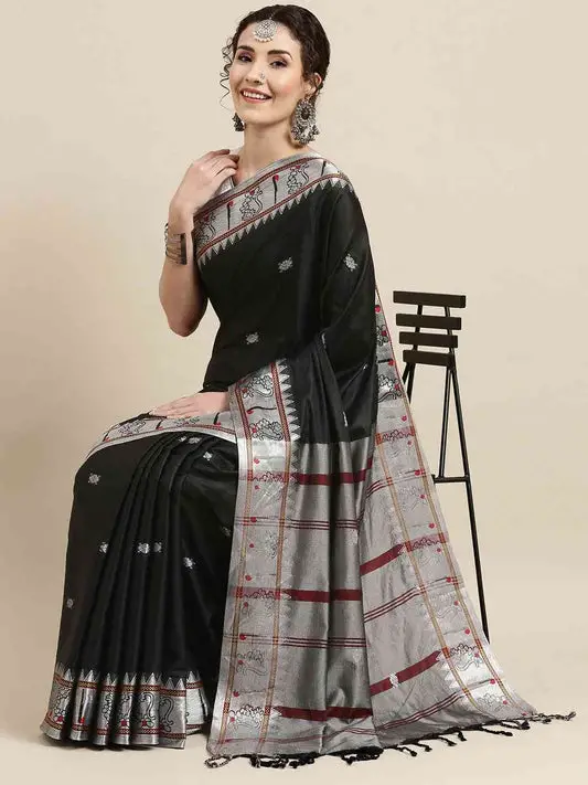 Beautiful Black Zari Silk Cotton Paithani Saree