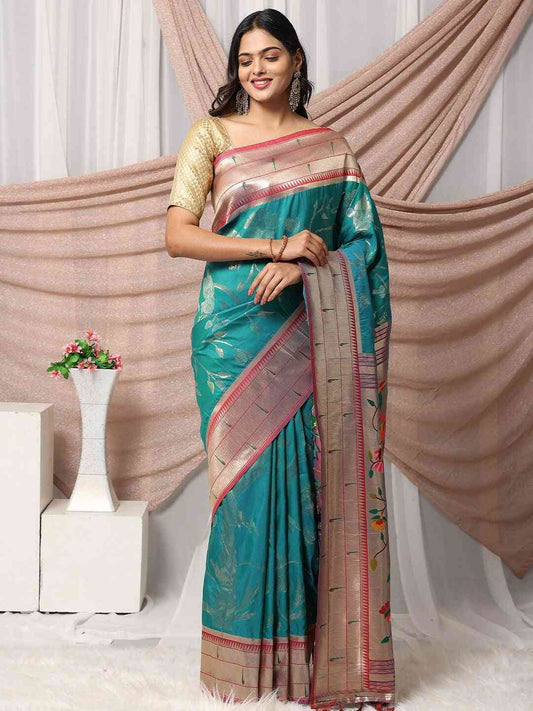 Silk Blend Woven Zari Work Paithani Saree In Rama Colour by My Store