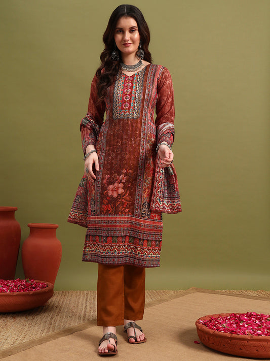 Elegant Brown Printed Kurta Set with Dupatta
