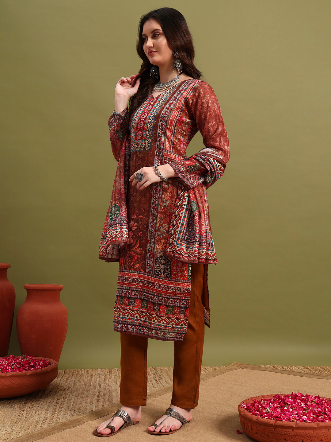 Elegant Brown Printed Kurta Set with Dupatta