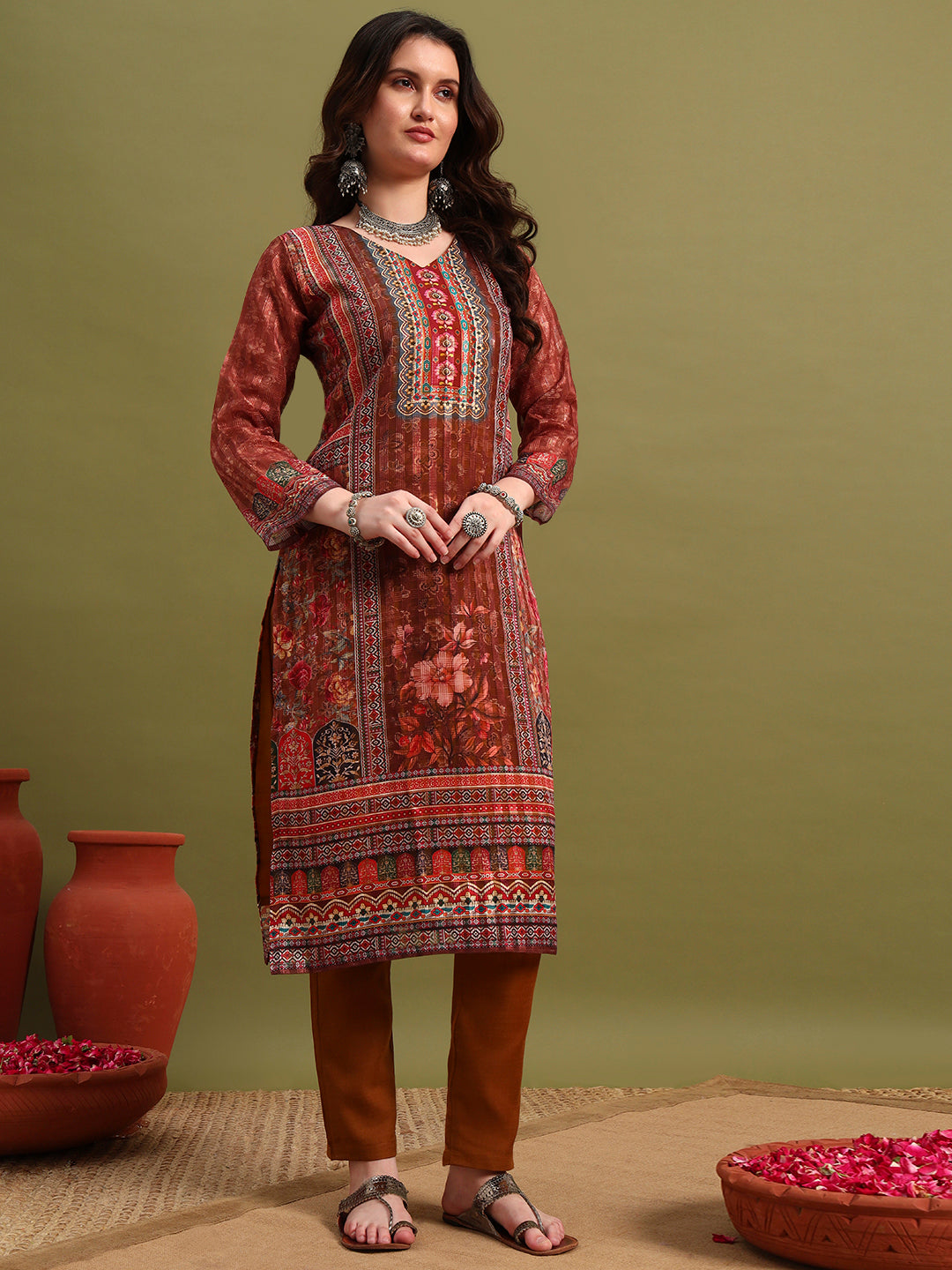 Elegant Brown Printed Kurta Set with Dupatta