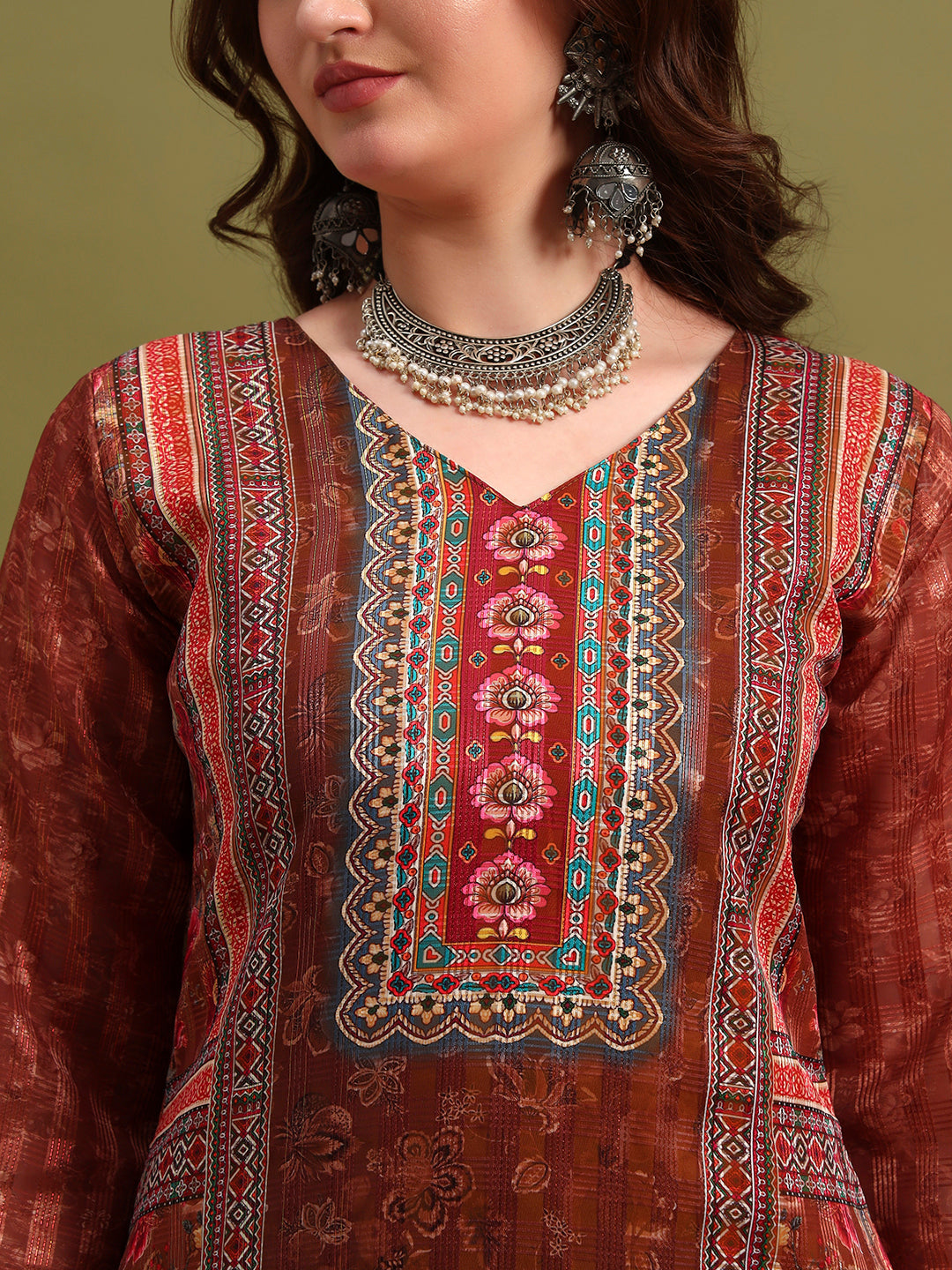 Elegant Brown Printed Kurta Set with Dupatta