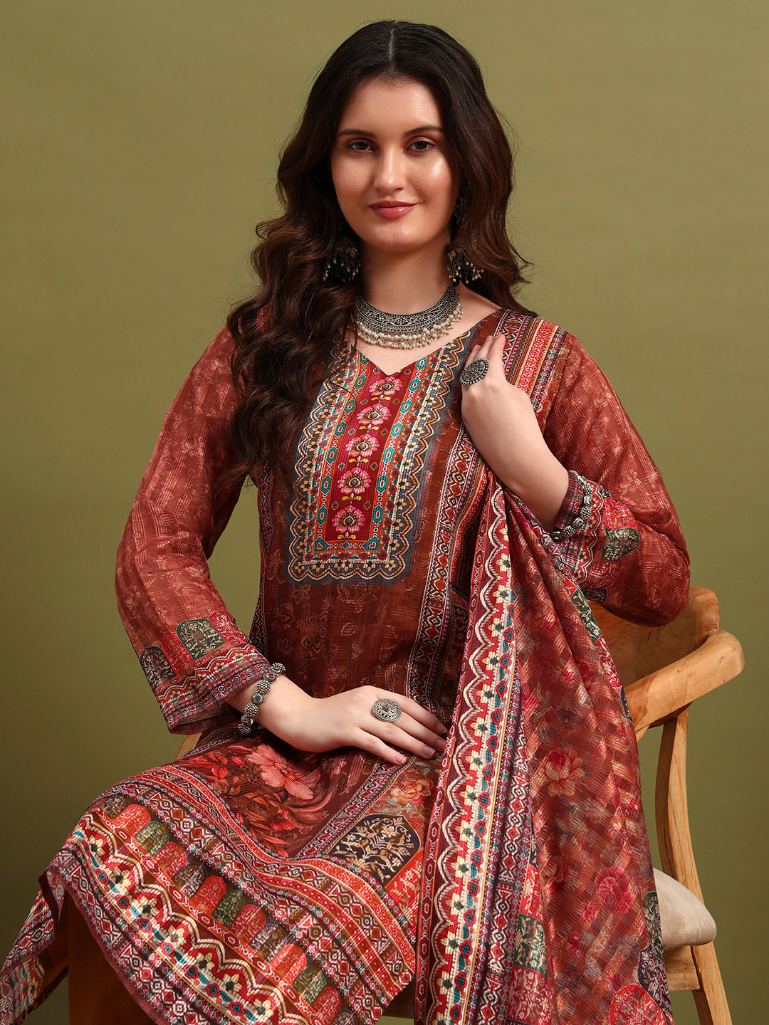 Elegant Brown Printed Kurta Set with Dupatta