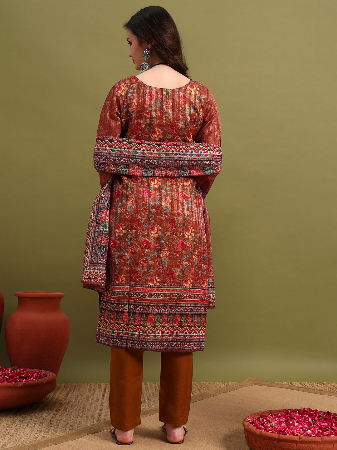 Elegant Brown Printed Kurta Set with Dupatta
