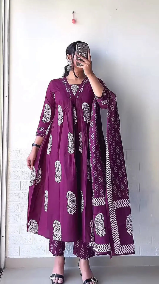 Plum Anarkali Kurta Set with Paisley Prints & Dupatta - My Store