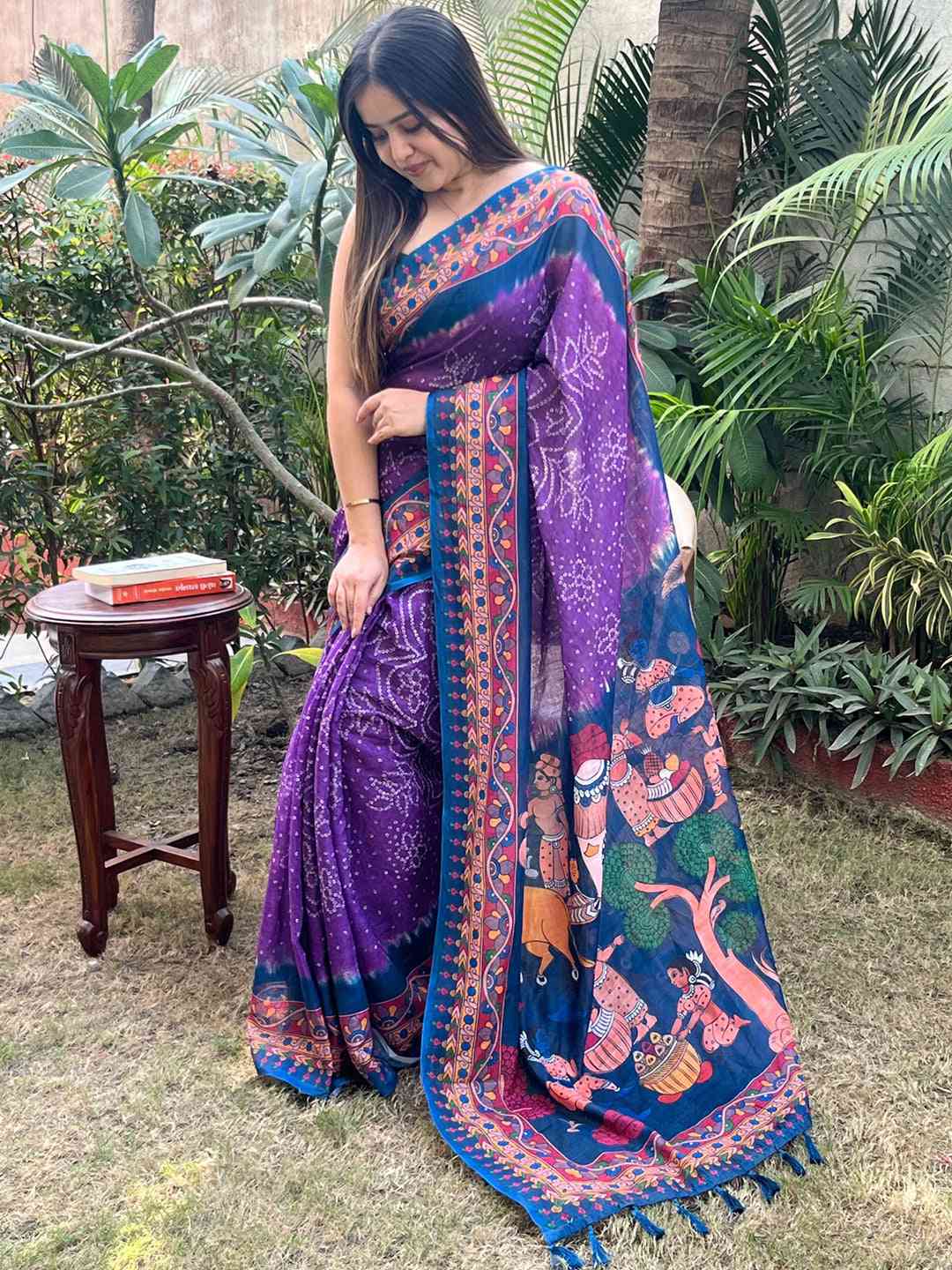 Purple Linen Bandhej Kalamkari Print Saree