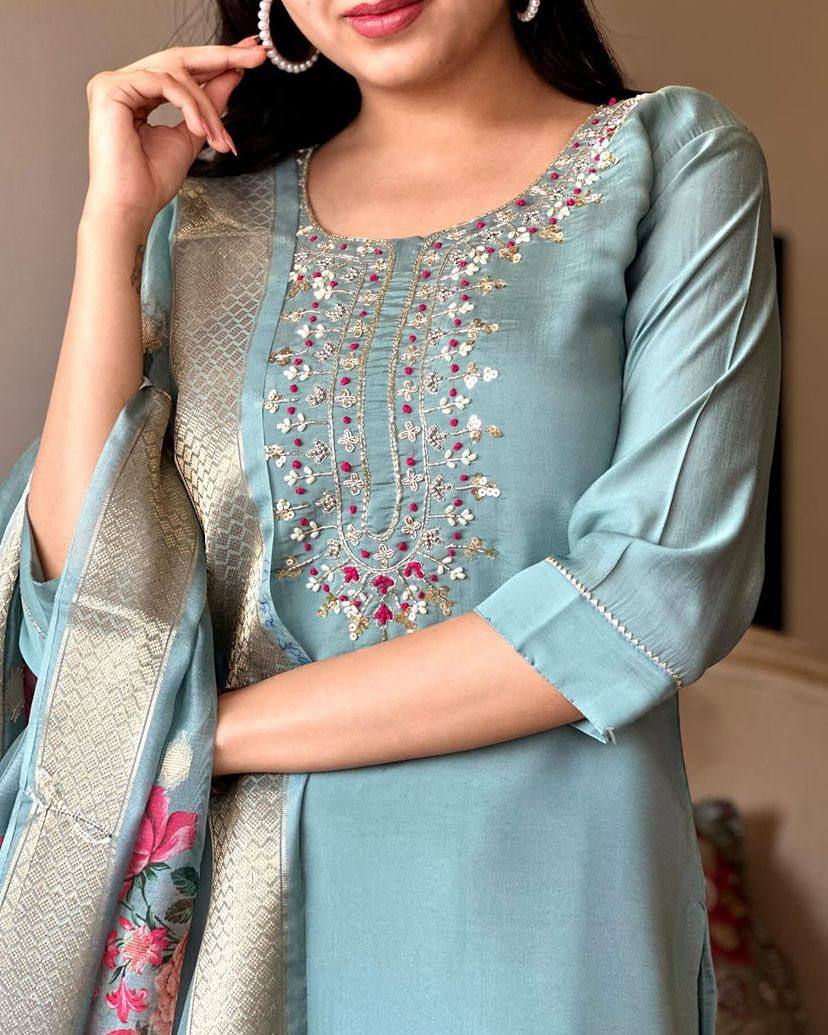 Readymade Viscos Blue Kurta Set