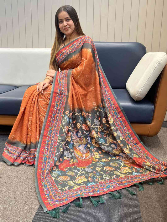 Orange Colour Design Linen Saree with Bandhej and kalamkari Digital Print by My Store
