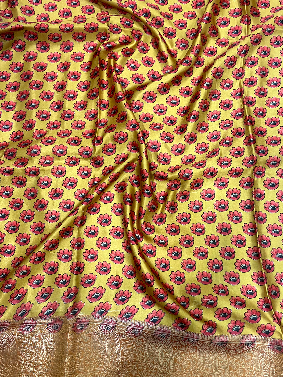 Mint Green Cherry Satin Kalamkari Saree by My Store