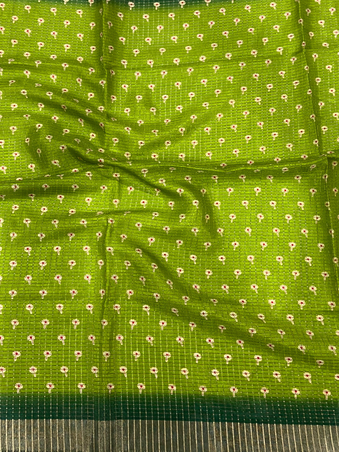 Green Chanderi Check Sparrow Print Saree by My Store