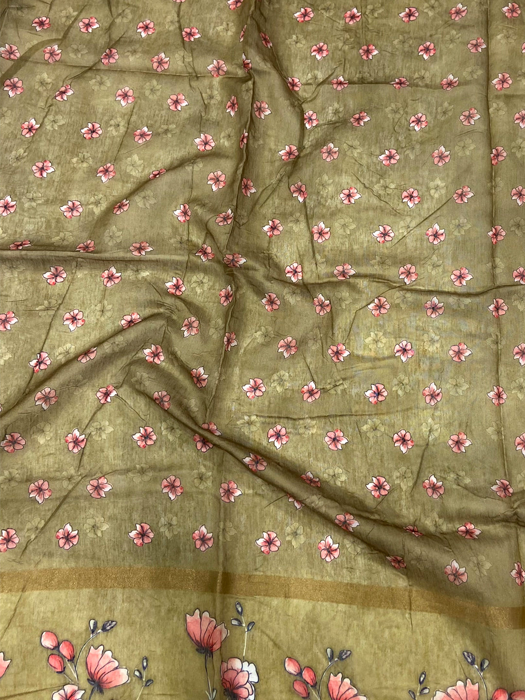 Olive Linen Chanderi Floral Print Saree by My Store