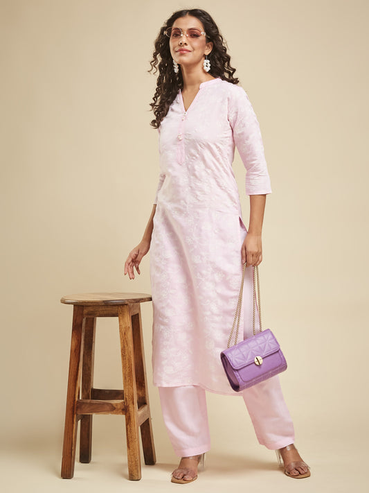 Festival Wear Viscose Baby Pink Kurta Set