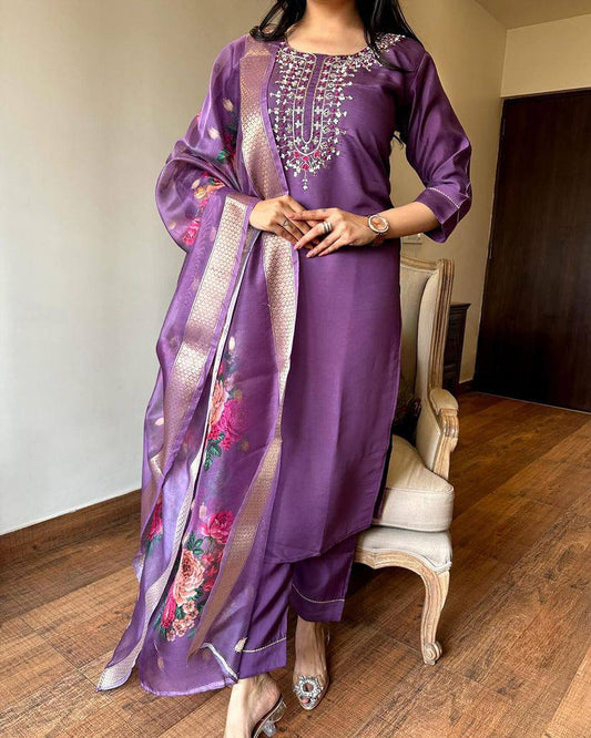 Readymade Viscos Purple Kurta Set