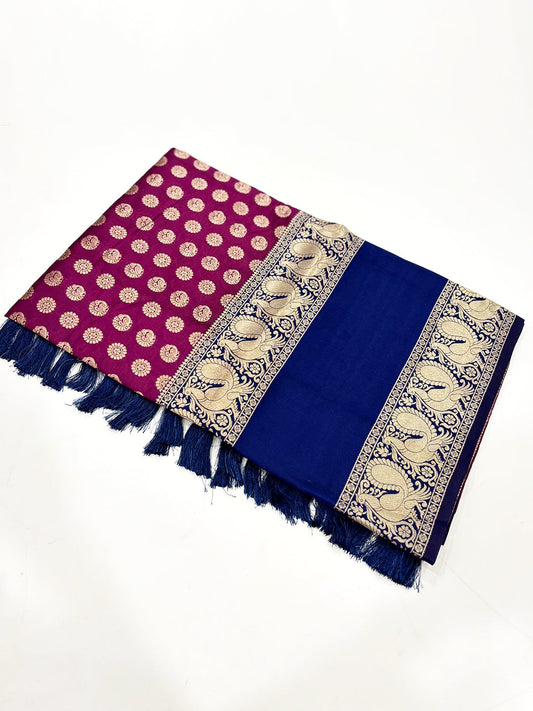 Dark Wine Banarasi Silver Buttas Zari Weaving Saree by My Store