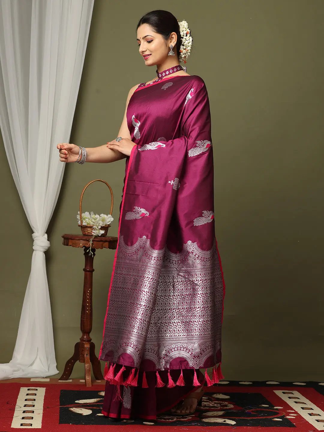 Wine Colour Banarasi Katan Silk Kanchi Zari Weaving Saree