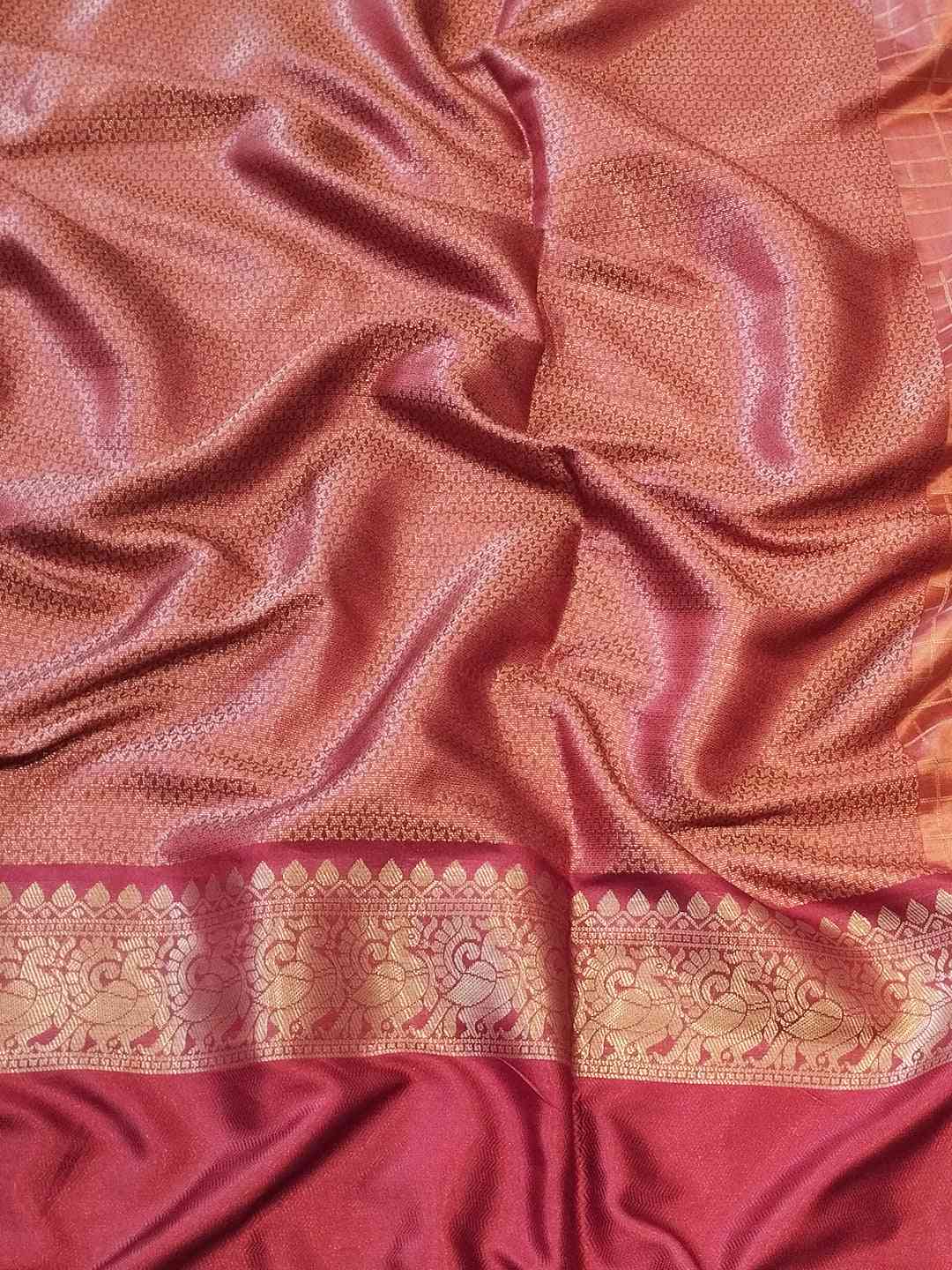 Maroon Colour Double Border Chex Weaving Banarasi Soft Silk Saree by My Store