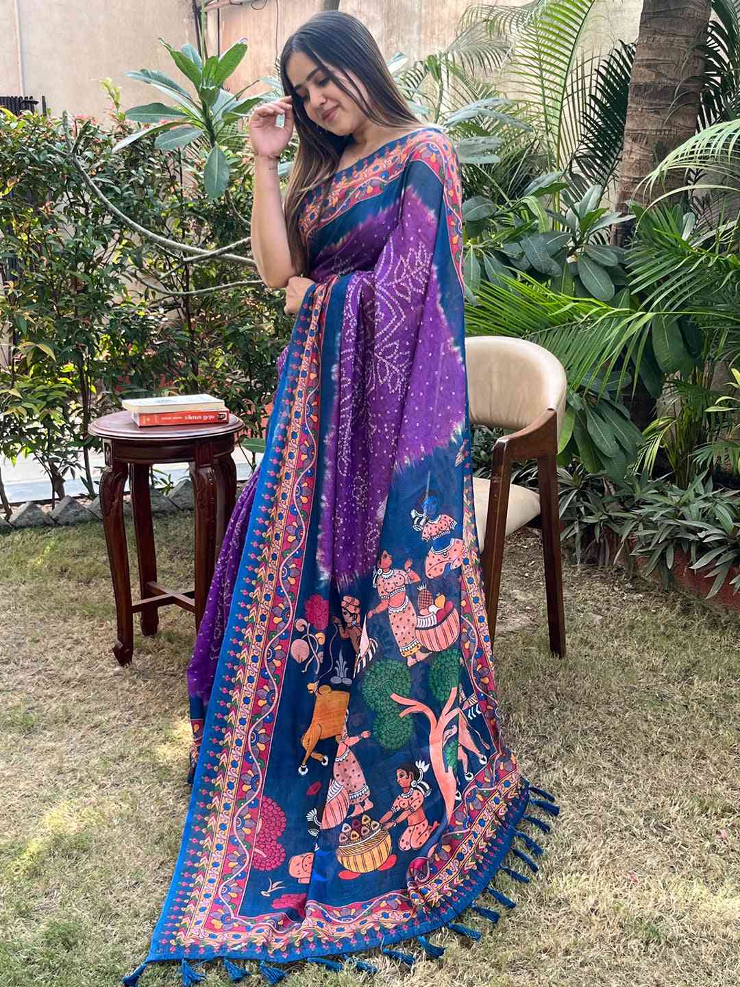 Purple Linen Bandhej Kalamkari Print Saree