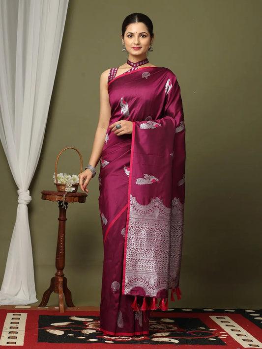 Wine Colour Banarasi Katan Silk Kanchi Zari Weaving Saree