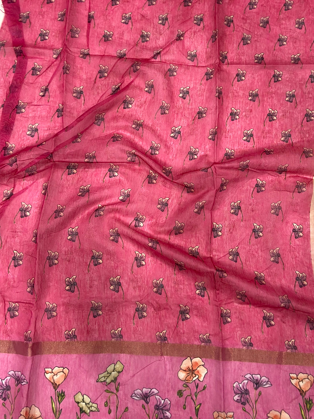 Light Pink Linen Chanderi Floral Print Saree by My Store