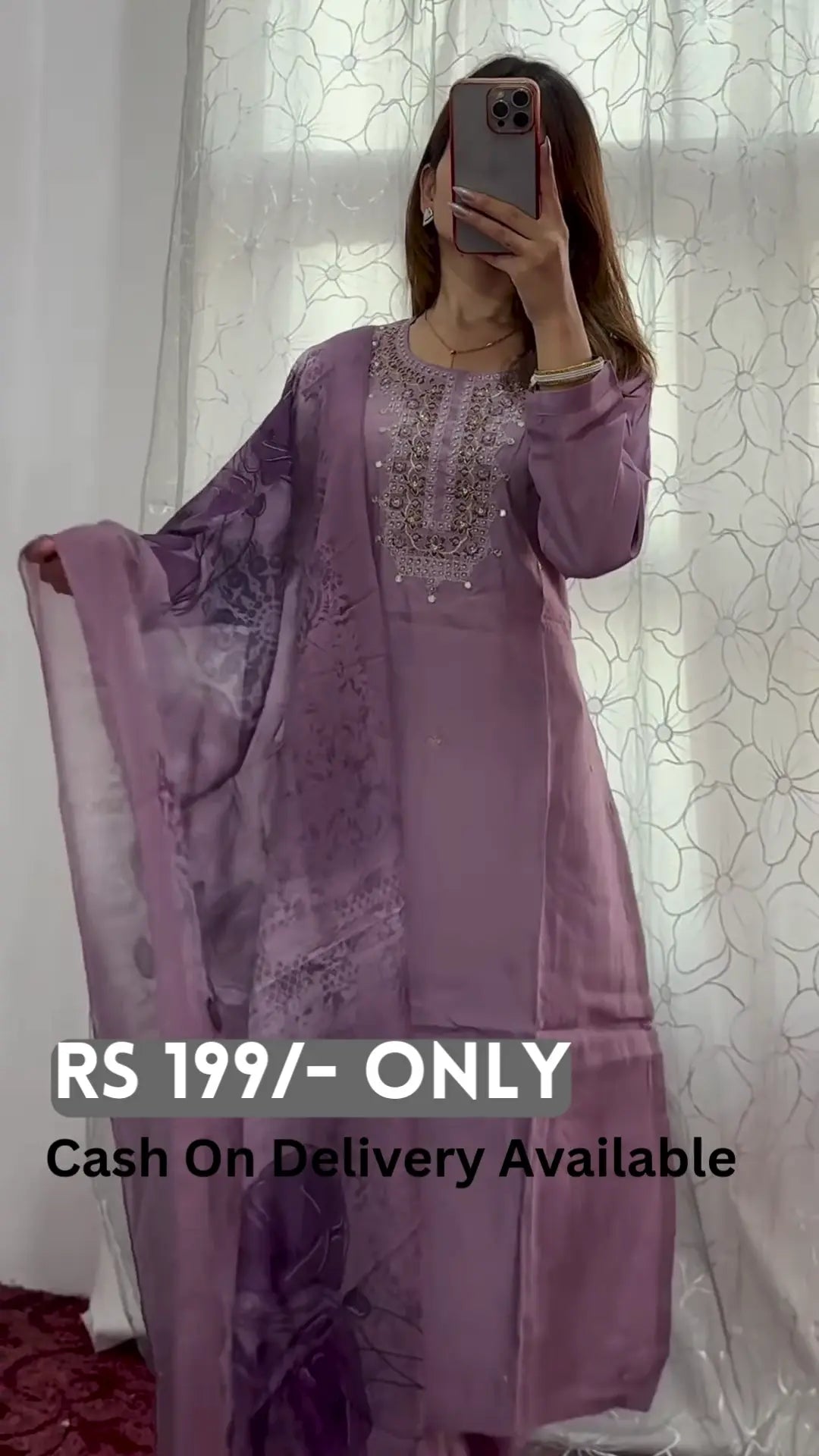 Elegant Lavender Embroidered Kurti Set with Printed Dupatta - My Store